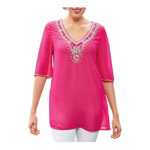 Midnight Velvet Beaded Georgette Boxy Tunic Top Resort Vacation Hot Pink Blouse